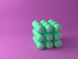 Molecules on a colored background. Abstract composition of green spheres on a purple background. Minimal modern style. Banner for presentation, landing page, website. Copy space. 3D rendering.
