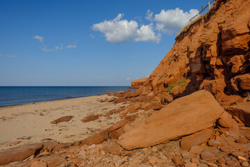 Erosion of the cliffs along the red cliffs of North Rustico and Green Gables on the Gulf of St Lawrence.