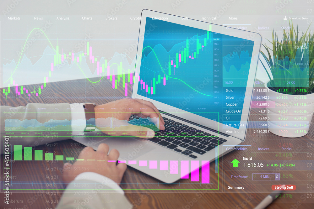 Poster stock exchange. man using laptop at table and illustration of rating graph