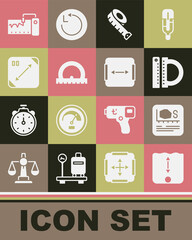 Set Depth measurement, Area, Protractor and ruler, Measuring tape, Diagonal measuring, instrument and icon. Vector