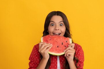 happy kid eat fresh ripe water melon slice fruit, vitamins