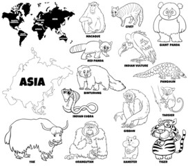 cartoon Asian animals set coloring book page