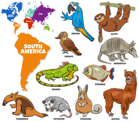 Fototapeta premium educational illustration of cartoon South American animals set