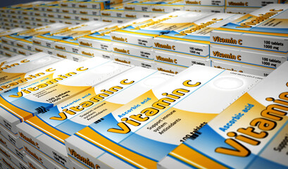 Vitamin C tablets box pack production 3d illustration