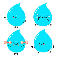 Funny cute happy water drop characters bundle set. Vector kawaii line cartoon style illustration. Cute water drop mascot character collection