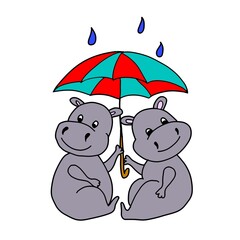 umbrella and rain, animal, hippopotamus, 
