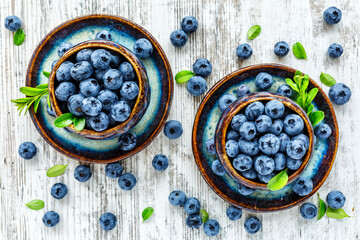 Fototapeta na wymiar Fresh blueberries background with copy space for your text.Blueberries in a bowl on a wooden table. Blueberry antioxidant organic superfood in a bowl concept for healthy eating and nutrition