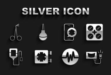 Set Medical symbol of the Emergency, Pills in blister pack, Ultrasound, Heart rate, IV bag, phone call, scissors and Enema icon. Vector