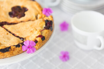 Rhubarb or pieplant and blueberry pie surrounded by white porcelain dishes and violet phlox flowers on white tablecloth