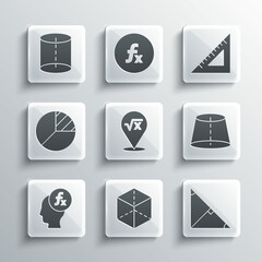 Set Geometric figure Cube, Angle bisector of a triangle, Square root x glyph, Function mathematical symbol, Pie chart infographic, and Triangular ruler icon. Vector