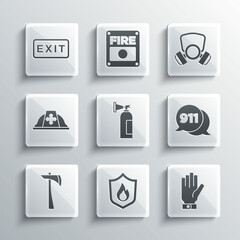 Set Fire protection shield, Firefighter gloves, Telephone call 911, extinguisher, axe, helmet, exit and Gas mask icon. Vector