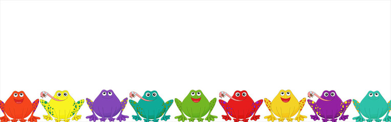 
Cute cartoon frogs banner. Vector animal characters set isolated on white. Green frog collection. Different color frog bachground. Red, violet, yellow, blue, green frog set. Hand drawn cartoon kids a