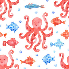 Watercolor seamless pattern with smiling octopuses, pearls and colorful  fish on white background. Underwater life hand painted illustration. Beautiful textile kids print.