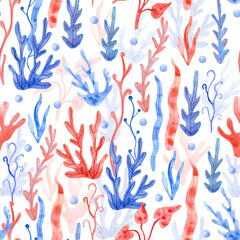 Watercolor seamless pattern with seaweeds and pearls on white background. Underwater plant hand painted illustration. Red and blue colors.