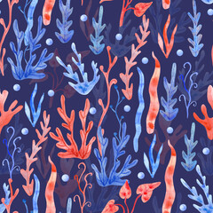 Watercolor seamless pattern with seaweeds and pearls on navy blue background. Underwater plant hand painted illustration. Red and blue colors.