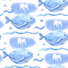 Watercolor seamless pattern with whales, pearls and waves white background. Underwater life hand painted illustration. Beautiful textile print.