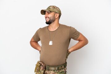 Young arab soldier man isolated on white background suffering from backache for having made an effort