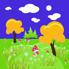 Autumn landscape art with yellow tree red fly agaric green for art design stock vector illustration for web, for print