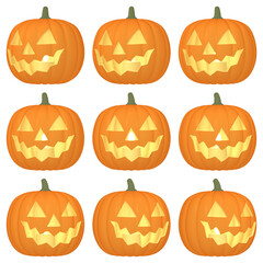 ハロウィンのイラスト素材　カボチャのお化け（C）　発光　九点セット　カット集