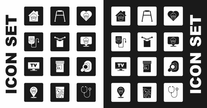 Set Grandmother, Knitting, IV bag, Nursing home, Walker, Hearing aid and Smart Tv icon. Vector