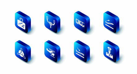 Set Aircraft steering helm, Airport bus, Plane takeoff, Pilot, landing, Helicopter, propeller and Suitcase icon. Vector