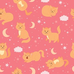 Cats pattern with moon, stars and clouds. Cute ginger cat character in cartoon style, vector illustration