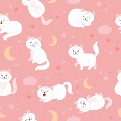 Cats pattern with moon, stars and clouds. Cute white cat character in cartoon style, vector illustration