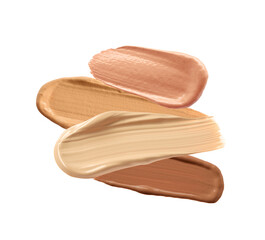 Different shades of liquid skin foundation on white background, top view