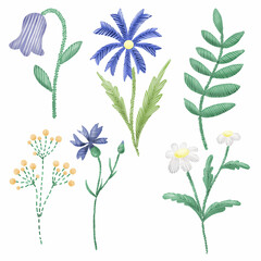 Picture of embroidered simple rustic meadow flowers. Perfect for printing, web, textile design, souvenirs, scrapbooking.