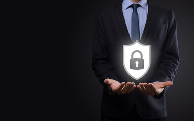 Cyber security network. Padlock icon and internet technology networking. Businessman protecting...