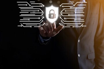 Cyber security network. Padlock icon and internet technology networking. Businessman protecting...