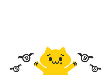 泣いている猫と飛んでいくビットコインのロゴ入りコイン：仮想通貨の損失・下落のイメージ素材