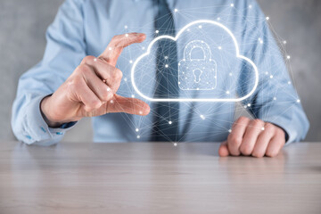 Business man hold,holding cloud computing data and security on global networking,Padlock and cloud icon. Technology of business.Cybersecurity and information or network protection.internet project