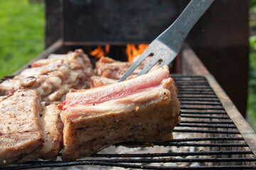 Grilled pork ribs on the grill.