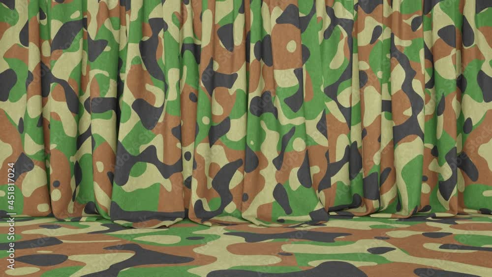 Aufkleber realistic 3d animation of the camouflage stage curtain with carpet flooring rendered in uhd with alp