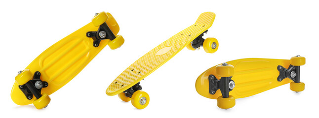 Set with yellow skateboards on white background, banner design. Sport equipment