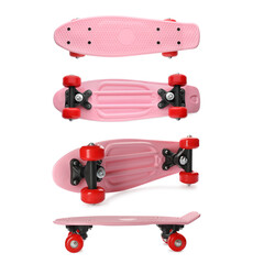 Pink skateboards with red wheels on white background, collage. Sport equipment