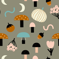 Modern hand drawn autumn pattern with abstract mushrooms, acorns, berries. Cute autumn print in childish style for fabric design, wallpaper, wrapping paper