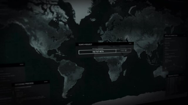 Sci-Fi Phantom Search Tech Used By Spy Agents To Track Target On Digital Computer Map. Sci-Fi Phantom Satellite Search Software User Interface. Sci-Fi Phantom Search Intelligence Information Network