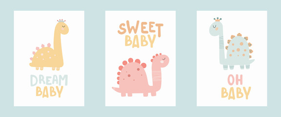 Dino baby princess poster with cute lettering. Childish simple hand draw style Pastel palette Cute print vector