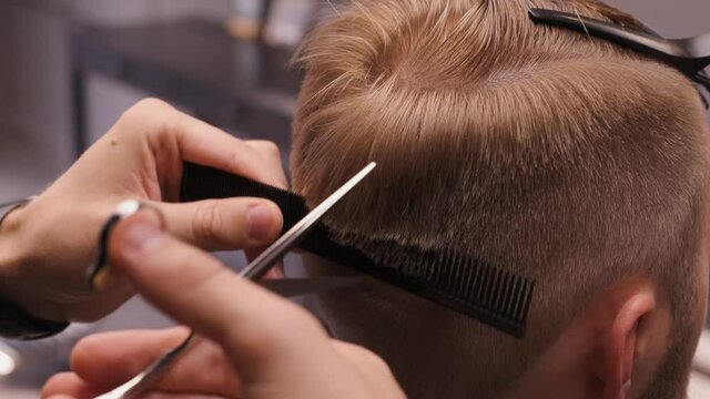 Barber carefully cuts customer's back hair with scissors 