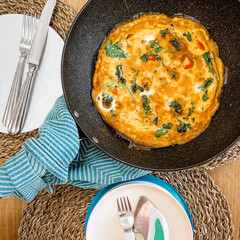 Omelette breakfast brunch, baby toddler plate, healthy meal, rattan placemats, teal tea towel