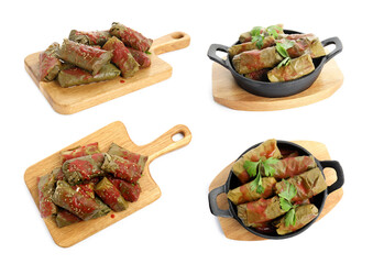 Delicious stuffed grape leaves with tomato sauce on white background, collage