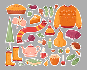 Autumn set stickers. Vector set of cartoon fall icons: leaves, sweater, pumpkins, hedgehog, book, candle. Autumn season elements for harvest festival and Thanksgiving day poster, greeting card