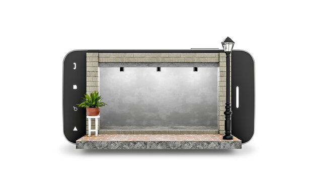 3D render, Isolated empty store shop in smartphone on white background, Store on mobile and order online concept, 3D illustration.