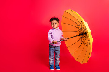 Full length body size view of nice cheerful preteen kid holding parasol cyclone isolated over...
