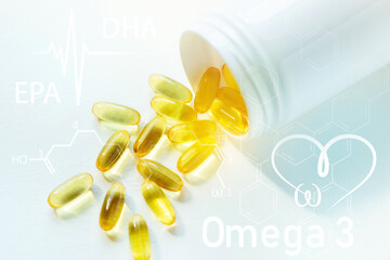 jar with capsules omega 3 fatty acids fish oil closeup epa dha acid luminous lettering omega 3