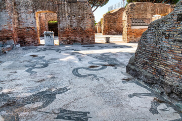 Ancient Roman Baths of Neptune Mosaic Floors Ostia Antica Ruins Rome Italy Excavation of Ostia,...