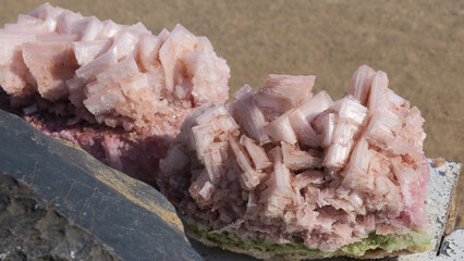 Close up of natural light pink salt crystals found at the salt pans on the coast of Namibia, Africa.