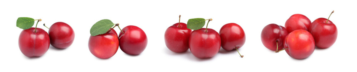 Set with delicious ripe cherry plums on white background. Banner design